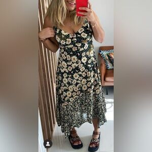 FARM Rio Black and Cream Floral Midi Dress